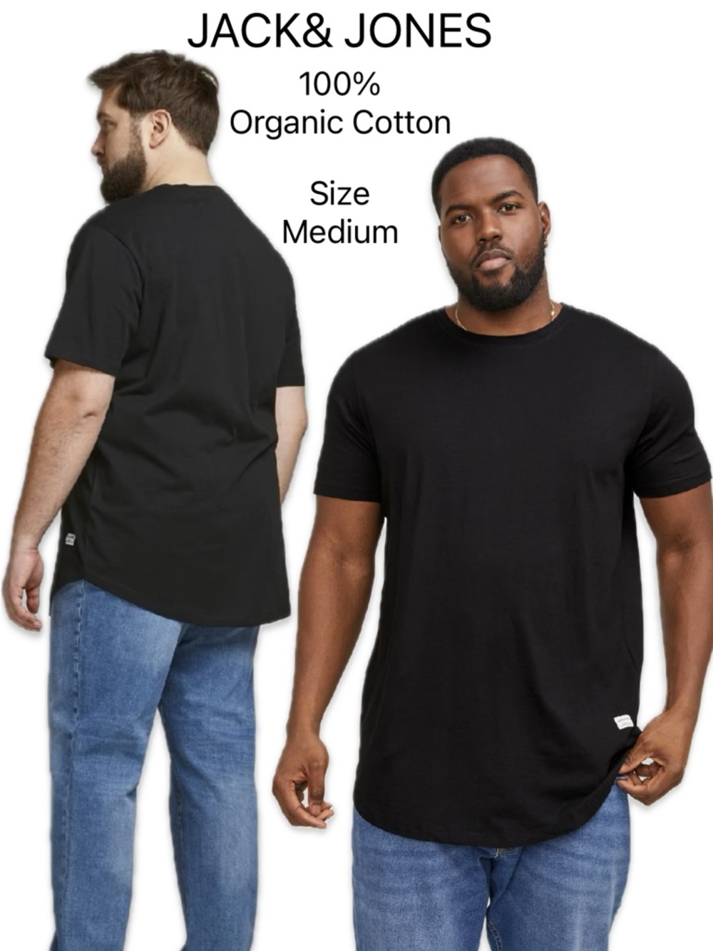 Jack & Jones Black Organic Cotton Crewneck Tee Minimal Logo Patch M